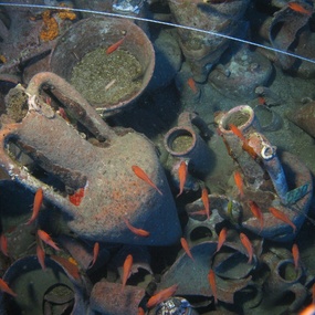 Chian amphorae in situ, in the cargo assemblage of the Mazotos shipwreck (Photographer: Bruce Hartzler. Courtesy: Maritime Archaeological Research Laboratory, Archaeological Research Unit, University of Cyprus).
