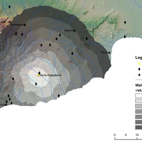 Cost Surface Analysis (CSA) results from Vavla-Kapsalaes to the Iron Age urban centers connecting the sanctuary primarily with the territory of Amathous; each zone represents an hour of walking (digital data courtesy of the Geological Survey Department, Republic of Cyprus; image by N. Kyriakou).