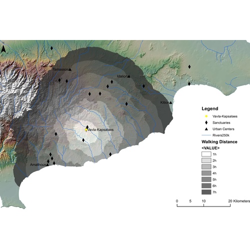 Cost Surface Analysis (CSA) results from Vavla-Kapsalaes to the Iron Age urban centers connecting the sanctuary primarily with the territory of Amathous; each zone represents an hour of walking (digital data courtesy of the Geological Survey Department, Republic of Cyprus; image by N. Kyriakou).