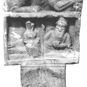 Grave relief with funerary banquet scene, unknown provenance (Second quarter of the 5th century BC). Cyprus Museum, Nicosia, C235. © Department of Antiquities (photograph: Department of Antiquities)