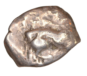 Obverse 'SilCoinCy A1040, acc.no.: KP 2063.31h. Silver coin of king Uncertain king of Kition or Amathous 525 - 480 BC. Weight: 0.46 g, Axis: 1h, Diameter: 9mm. Obverse type: Lion lying r.. Obverse symbol: -. Obverse legend: - in -. Reverse type: Lion forepart r. with open jaws. Reverse symbol: -. Reverse legend: - in -. '-'.