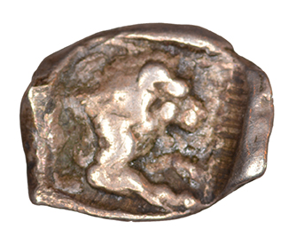 Reverse 'SilCoinCy A1040, acc.no.: KP 2063.31h. Silver coin of king Uncertain king of Kition or Amathous 525 - 480 BC. Weight: 0.46 g, Axis: 1h, Diameter: 9mm. Obverse type: Lion lying r.. Obverse symbol: -. Obverse legend: - in -. Reverse type: Lion forepart r. with open jaws. Reverse symbol: -. Reverse legend: - in -. '-'.