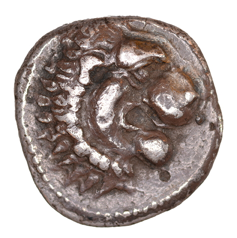 Εμπροσθότυπος 'SilCoinCy A1041, acc.no.: RP 400.114. Silver coin of king Wroikos of Amathous 350 ? BC - . Weight: 2.14 g, Axis: 12h, Diameter: 14mm. Obverse type: Lion’s head r.. Obverse symbol: -. Obverse legend: - in -. Reverse type: Lion forepart r. with facing head. Reverse symbol: -. Reverse legend: ro in Cypriot syllabic. '-', 'Du classement des séries chypriotes'.
