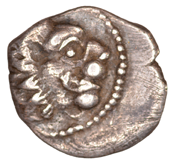 Obverse 'SilCoinCy A1042, acc.no.: KP 313.5. Silver coin of king Wroikos of Amathous 350 ? BC - . Weight: 0.54 g, Axis: 9h, Diameter: 11mm. Obverse type: Lion’s head r.. Obverse symbol: -. Obverse legend: - in -. Reverse type: Lion forepart r. with facing head. Reverse symbol: -. Reverse legend: - in -. '-', 'Du classement des séries chypriotes'.