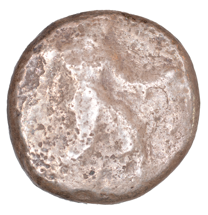 Obverse 'SilCoinCy A1043, acc.no.: KP 1238.6. Silver coin of king Baalmilk I of Kition 475 - 450 BC. Weight: 0.69 g, Axis: 6h, Diameter: 21mm. Obverse type: Heracles advancing r. holding club and bow. Obverse symbol: -. Obverse legend: - in -. Reverse type: Lion seated r.. Reverse symbol: -. Reverse legend: l’blmlk in Phoenician. '-'.