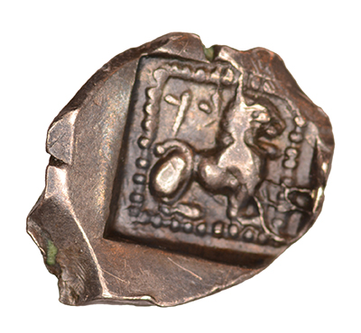 Οπισθότυπος 'SilCoinCy A1045, acc.no.: RP 248.7. Silver coin of king Baalmilk I of Kition 475 - 450 BC. Weight: .87g, Axis: 7h, Diameter: 12mm. Obverse type: Heracles head r. unbearded with  lion skin headdress. Obverse symbol: -. Obverse legend: - in -. Reverse type: Lion seated r.. Reverse symbol: -. Reverse legend: bl in -. '-', 'Du classement des séries chypriotes'.