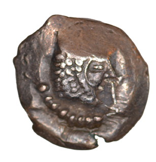 Obverse 'SilCoinCy A1046, acc.no.: RP 248.8. Silver coin of king  of Kition . Weight: 0.38 g, Axis: 3h, Diameter: 9mm. Obverse type: Heracles head r. unbearded with  lion skin headdress. Obverse symbol: -. Obverse legend: - in -. Reverse type: Lion seated r.. Reverse symbol: -. Reverse legend: bl in Phoenician. '-', 'Catalogue de la Collection de Luynes: monnaies grecques'.