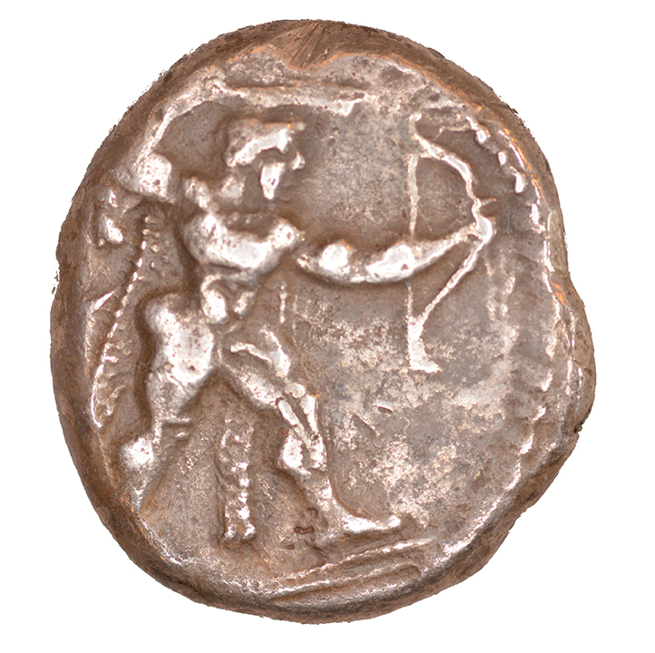 Obverse 'SilCoinCy A1047, acc.no.: KP 1185.109. Silver coin of king Ozibaal of Kition 450 - 425 BC. Weight: 0.78 g, Axis: 3h, Diameter: 22mm. Obverse type: Heracles advancing r. holding club and bow. Obverse symbol: -. Obverse legend: - in -. Reverse type: Lion devouring stag r.. Reverse symbol: -. Reverse legend: l’zb'l in Phoenician. '-', 'Du classement des séries chypriotes'.