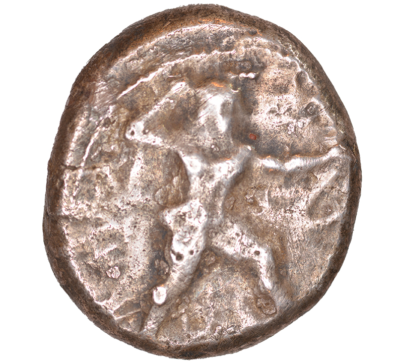 Obverse 'SilCoinCy A1048, acc.no.: KP 1514.6. Silver coin of king Ozibaal of Kition 450 - 425 BC. Weight: 0.92 g, Axis: 4h, Diameter: 22mm. Obverse type: Heracles advancing r. holding club and bow. Obverse symbol: -. Obverse legend: - in -. Reverse type: Lion devouring stag r.. Reverse symbol: -. Reverse legend: L’zb'l in Phoenician. '-', 'BMC Cyprus, A Catalogue of the Greek Coins in the British Museum, Cyprus'.
