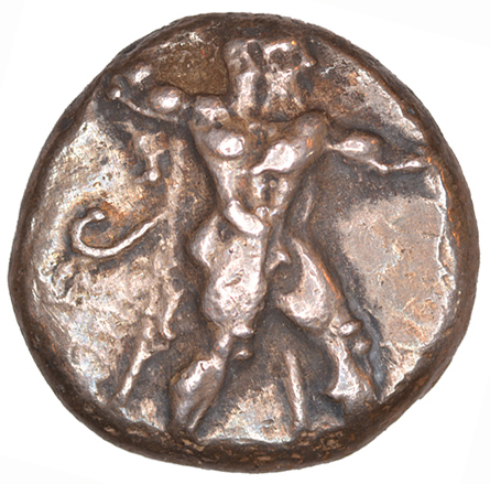 Obverse 'SilCoinCy A1049, acc.no.: KP 531.26. Silver coin of king Ozibaal of Kition 450 - 425 BC. Weight: 3.63 g, Axis: 9h, Diameter: 14mm. Obverse type: Heracles advancing r. holding club and bow. Obverse symbol: -. Obverse legend: - in -. Reverse type: Lion devouring stag r.. Reverse symbol: -. Reverse legend: L’zb'l in Phoenician. '-', 'Du classement des séries chypriotes'.