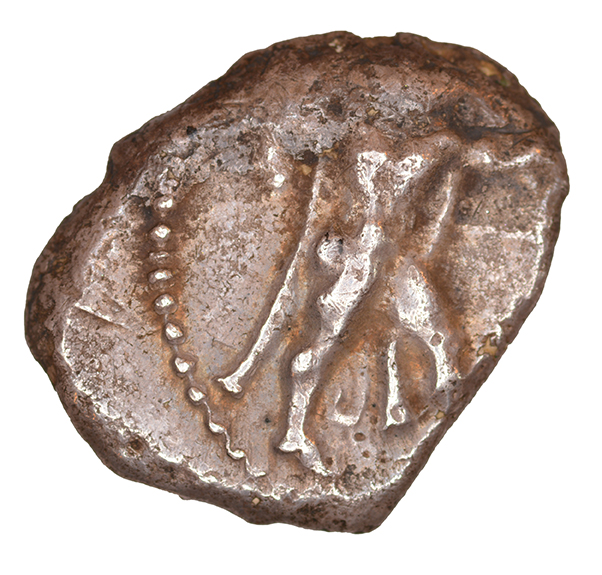 Obverse 'SilCoinCy A1050, acc.no.: RP 969.1. Silver coin of king Baalmilk II of Kition 425 - 400 BC. Weight: 3.52 g, Axis: 6h, Diameter: 19mm. Obverse type: Heracles advancing r. holding club and bow. Obverse symbol: -. Obverse legend: - in -. Reverse type: Lion devouring stag r.. Reverse symbol: -. Reverse legend: lb’lmlk in Phoenician. '-', 'Du classement des séries chypriotes'.