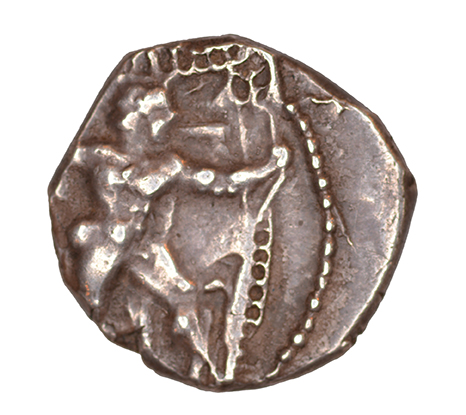 Obverse 'SilCoinCy A1051, acc.no.: KP 720.8. Silver coin of king Baalmilk II of Kition 425 - 400 BC. Weight: 1.77 g, Axis: 12h, Diameter: 12mm. Obverse type: Heracles advancing r. holding club and bow. Obverse symbol: -. Obverse legend: - in -. Reverse type: Lion devouring stag r.. Reverse symbol: -. Reverse legend: 'lmlk in Phoenician. '-', 'Du classement des séries chypriotes'.