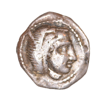 Obverse 'SilCoinCy A1053, acc.no.: RP 919.2. Silver coin of king Uncertain king of Kition of Kition 525 - 480 BC. Weight: 0.96 g, Axis: 6h, Diameter: 11mm. Obverse type: Heracles head r. bearded with lion skin headdress. Obverse symbol: -. Obverse legend: - in -. Reverse type: Lion devouring stag r.. Reverse symbol: -. Reverse legend: - in -. '-', 'Du classement des séries chypriotes'.