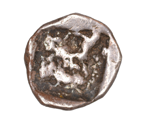 Οπισθότυπος 'SilCoinCy A1053, acc.no.: RP 919.2. Silver coin of king Uncertain king of Kition of Kition 525 - 480 BC. Weight: 0.96 g, Axis: 6h, Diameter: 11mm. Obverse type: Heracles head r. bearded with lion skin headdress. Obverse symbol: -. Obverse legend: - in -. Reverse type: Lion devouring stag r.. Reverse symbol: -. Reverse legend: - in -. '-', 'Du classement des séries chypriotes'.