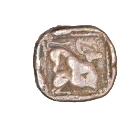 Reverse 'SilCoinCy A1054, acc.no.: KP 2063.31i. Silver coin of king Uncertain king of Kition of Kition 525 - 480 BC. Weight: 0.78 g, Axis: 10h, Diameter: 10mm. Obverse type: Heracles head r. unbearded with  lion skin headdress. Obverse symbol: -. Obverse legend: - in -. Reverse type: Lion devouring stag r.. Reverse symbol: -. Reverse legend: - in -. '-'.
