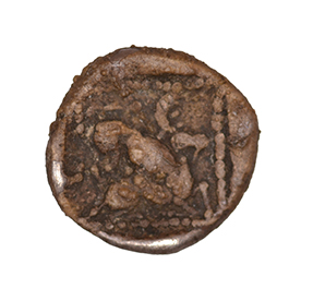 Reverse 'SilCoinCy A1056, acc.no.: KP 531.28. Silver coin of king Uncertain king of Kition of Kition 525 - 480 BC. Weight: 0.21 g, Axis: 4h, Diameter: 7mm. Obverse type: Heracles head r. unbearded with  lion skin headdress. Obverse symbol: -. Obverse legend: - in -. Reverse type: Lion devouring stag r.. Reverse symbol: -. Reverse legend: - in -. '-', 'Du classement des séries chypriotes'.