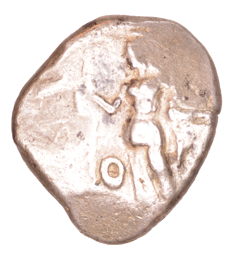 Obverse 'SilCoinCy A1061, acc.no.: kp 2073.14. Silver coin of king Uncertain king of Lapethos of Lapethos 500 - 470 BC. Weight: 1.02 g, Axis: 12h, Diameter: 25mm. Obverse type: Athena standing l. with crested Athenian helmet, spear and shield. Obverse symbol: -. Obverse legend: - in -. Reverse type: Heracles advancing r. holding club and bow. Reverse symbol: -. Reverse legend: - in -. '-'.