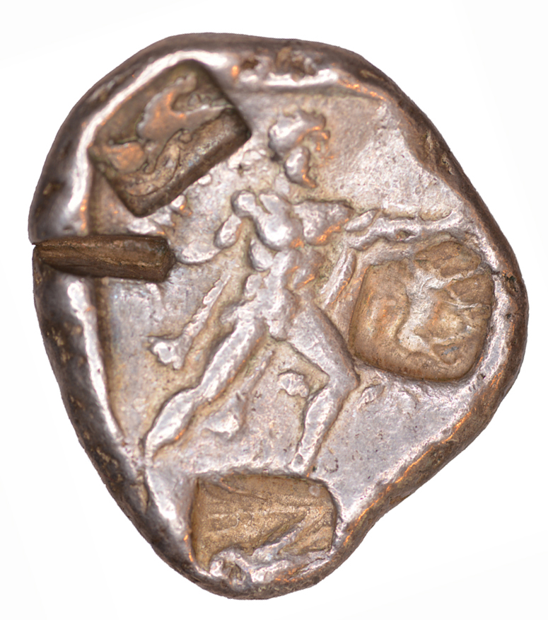 Reverse 'SilCoinCy A1061, acc.no.: kp 2073.14. Silver coin of king Uncertain king of Lapethos of Lapethos 500 - 470 BC. Weight: 1.02 g, Axis: 12h, Diameter: 25mm. Obverse type: Athena standing l. with crested Athenian helmet, spear and shield. Obverse symbol: -. Obverse legend: - in -. Reverse type: Heracles advancing r. holding club and bow. Reverse symbol: -. Reverse legend: - in -. '-'.