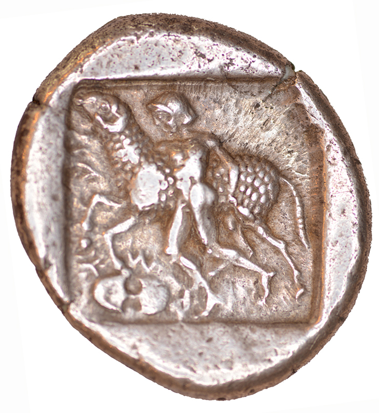 Reverse 'SilCoinCy A1062, acc.no.: BP 1825.1. Silver coin of king Sasmas of Marion 450 BC - . Weight: 10.97 g, Axis: 4h, Diameter: 24mm. Obverse type: Lion r., licking forepaw. Obverse symbol: in exergue, spiral ornament. Obverse legend: to-ka-sa-to-ro in Cypriot syllabic. Reverse type: Phrixus striding l. beside ram, within incuse square ; double axis on the field l.. Reverse symbol: Double axe. Reverse legend: ma-ri-e-u-se in Cypriot syllabic. '-'.