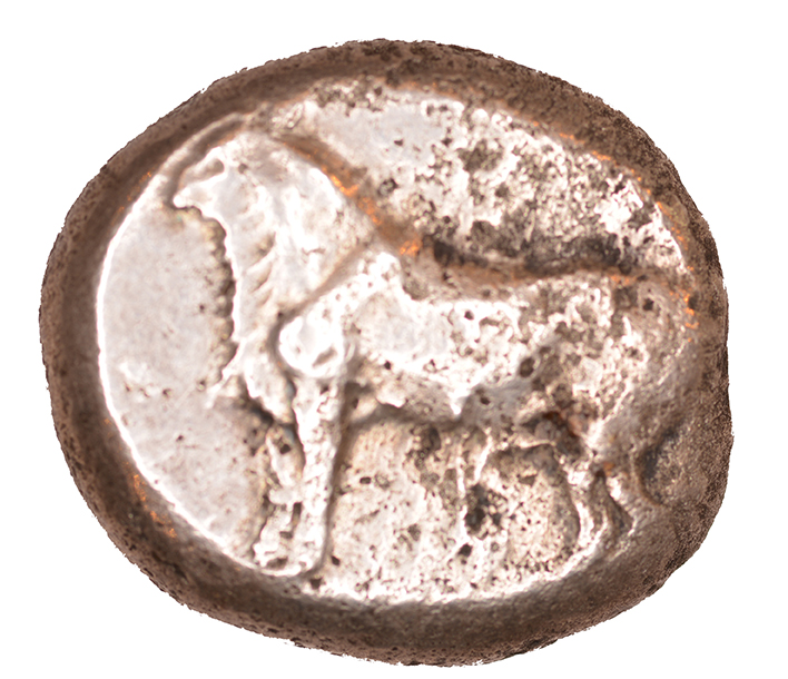 Obverse 'SilCoinCy A1063, acc.no.: KP 1466.7. Silver coin of king Uncertain king of Paphos (archaic) of Paphos 525 BC - 480 BC. Weight: 0.92 g, Axis: 9h, Diameter: 20mm. Obverse type: Bull standing l.. Obverse symbol: -. Obverse legend: pu ? in Cypriot syllabic. Reverse type: Eagle’s head l. in incuse square; on top left: ivy leaf ; below, guilloche pattern. Reverse symbol: -. Reverse legend: - in -. '-', 'BMC Cyprus, A Catalogue of the Greek Coins in the British Museum, Cyprus', 'On coins discovered during recent excavations in the island of Cyprus'.
