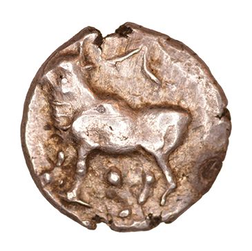 Obverse 'SilCoinCy A1065, acc.no.: KP 531.29. Silver coin of king Stasandros of Paphos 460 - ?. Weight: 0.81 g, Axis: 3h, Diameter: 10mm. Obverse type: Bull standing l.. Obverse symbol: -. Obverse legend: - in -. Reverse type: Eagle standing l. ; oenochoe on the field. Reverse symbol: -. Reverse legend: - in -. '-', 'Du classement des séries chypriotes'.
