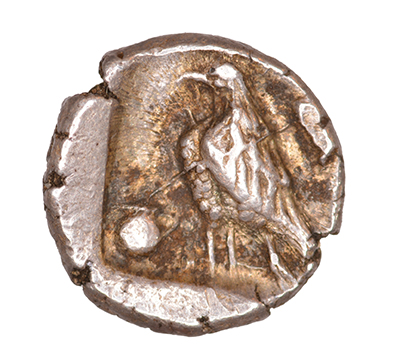 Οπισθότυπος 'SilCoinCy A1065, acc.no.: KP 531.29. Silver coin of king Stasandros of Paphos 460 - ?. Weight: 0.81 g, Axis: 3h, Diameter: 10mm. Obverse type: Bull standing l.. Obverse symbol: -. Obverse legend: - in -. Reverse type: Eagle standing l. ; oenochoe on the field. Reverse symbol: -. Reverse legend: - in -. '-', 'Du classement des séries chypriotes'.