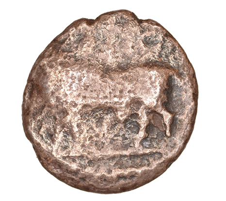 Obverse 'SilCoinCy A1068, acc.no.: KP 1260.19. Silver coin of king Stasandros of Paphos 460 - ?. Weight: 1.30 g, Axis: 1h, Diameter: 12mm. Obverse type: Bull standing l.; above winged solar disk. Obverse symbol: -. Obverse legend: - in -. Reverse type: Eagle standing l.; olive spray on the field r.. Reverse symbol: ankh. Reverse legend: pa-sa in Cypriot syllabic. '-', 'Catalogue des monnaies grecques de la Bibliothèque Nationale: les Perses Achéménides, les satrapes et les dynastes tributaires de leur empire: Cypre et la Phénicie'.