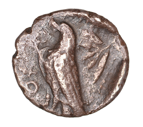 Reverse 'SilCoinCy A1068, acc.no.: KP 1260.19. Silver coin of king Stasandros of Paphos 460 - ?. Weight: 1.30 g, Axis: 1h, Diameter: 12mm. Obverse type: Bull standing l.; above winged solar disk. Obverse symbol: -. Obverse legend: - in -. Reverse type: Eagle standing l.; olive spray on the field r.. Reverse symbol: ankh. Reverse legend: pa-sa in Cypriot syllabic. '-', 'Catalogue des monnaies grecques de la Bibliothèque Nationale: les Perses Achéménides, les satrapes et les dynastes tributaires de leur empire: Cypre et la Phénicie'.