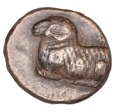 Obverse 'SilCoinCy A1070, acc.no.: BP 977.2. Silver coin of king Evelthon of Salamis 525 - 500 BC. Weight: 1.56 g, Axis: -, Diameter: 12mm. Obverse type: Ram recumbent l.. Obverse symbol: -. Obverse legend: (e)-u-we-(le-to-ne) in Cypriot syllabic. Reverse type: Smooth. Reverse symbol: -. Reverse legend: - in -. '-', 'Du classement des séries chypriotes'.