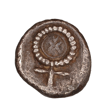 Reverse 'SilCoinCy A1072, acc.no.: KP 862.8. Silver coin of king Evelthon's successors of Salamis 500 - 478 BC. Weight: 0.82 g, Axis: 12h, Diameter: 9mm. Obverse type: Ram’s head r. . Obverse symbol: -. Obverse legend: - in -. Reverse type: Ankh. Reverse symbol: -. Reverse legend: Ku in Cypriot syllabic. '-'.