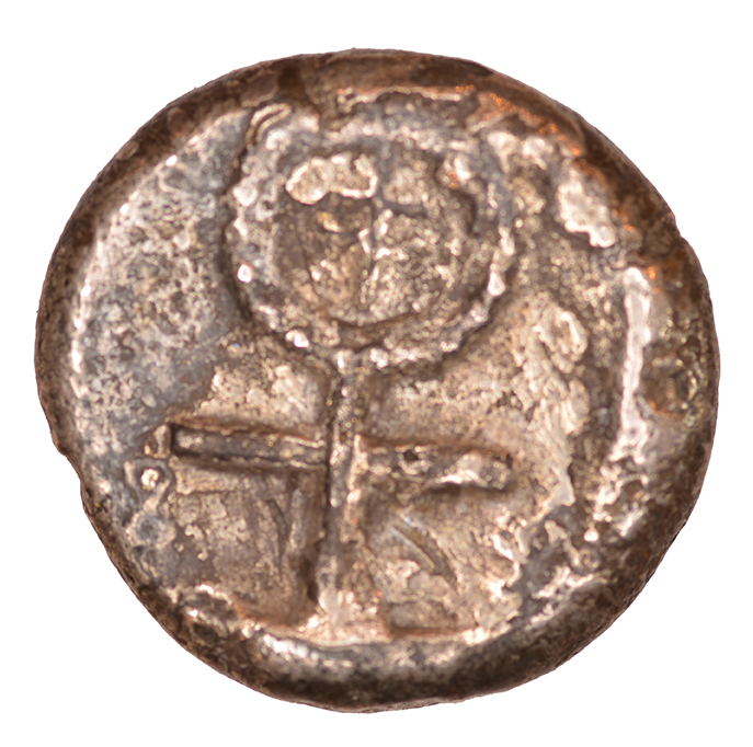 Reverse 'SilCoinCy A1073, acc.no.: KP 1260.20. Silver coin of king  of  . Weight: 0.16 g, Axis: 11h, Diameter: 20mm. Obverse type: Ram recumbent l. ; above, crescent and pellet; before, lion’s skin ?. Obverse symbol: crescent and pellet / lion’s skin. Obverse legend: obliterated in -. Reverse type: Ankh with cypriot syllabic sign in the circle. Reverse symbol: -. Reverse legend: pa in Cypriot syllabic. '-'.