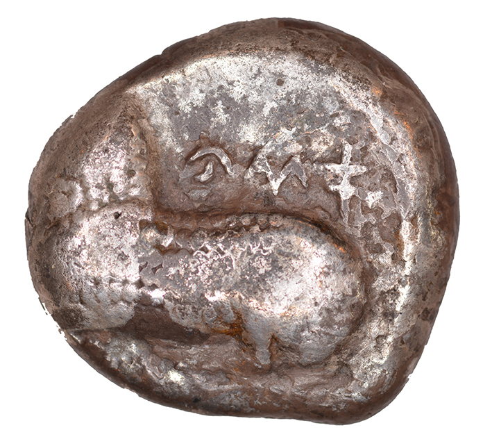 Obverse 'SilCoinCy A1074, acc.no.: KP 1046.107. Silver coin of king Phausis of Salamis 478 - 450 BC. Weight: 0.72 g, Axis: 9h, Diameter: 20mm. Obverse type: Ram recumbent l.. Obverse symbol: -. Obverse legend: pa-u-si in Cypriot syllabic. Reverse type: Ankh with cypriot syllabic sign in the circle. Reverse symbol: -. Reverse legend: pa-si-se-? in Cypriot syllabic. '-'.