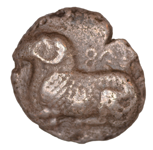 Obverse 'SilCoinCy A1075, acc.no.: KP 477.25. Silver coin of king Evelthon's successors of Salamis 500 - 478 BC. Weight: 2.70 g, Axis: 12h, Diameter: 14mm. Obverse type: Ram recumbent l.. Obverse symbol: -. Obverse legend: pa-si-le in Cypriot syllabic. Reverse type: Ankh with cypriot syllabic sign in the circle. Reverse symbol: -. Reverse legend: ni / la-ka-ri-ta in Cypriot syllabic. '-'.