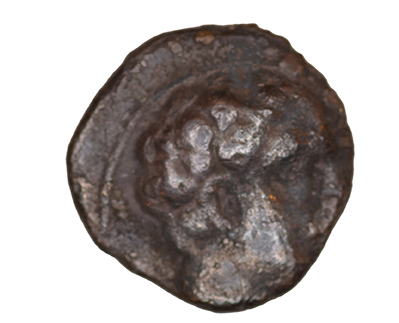 Obverse 'SilCoinCy A1081, acc.no.: KP 1203.19. Silver coin of king Evagoras I ? of Salamis 391 - 386 BC. Weight: 0.56 g, Axis: -, Diameter: 9mm. Obverse type: Heracles head r. unbearded with  lion skin headdress. Obverse symbol: -. Obverse legend: - in -. Reverse type: Wheel of four spokes. Reverse symbol: -. Reverse legend: - in -. '-'.