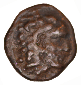 Εμπροσθότυπος 'SilCoinCy A1082, acc.no.: KP 1285.34. Silver coin of king Evagoras I ? of Salamis 391 - 386 BC. Weight: 0.45 g, Axis: -, Diameter: 9mm. Obverse type: Heracles head r. bearded with lion skin headdress. Obverse symbol: -. Obverse legend: - in -. Reverse type: Wheel of four spokes. Reverse symbol: -. Reverse legend: - in -. '-'.
