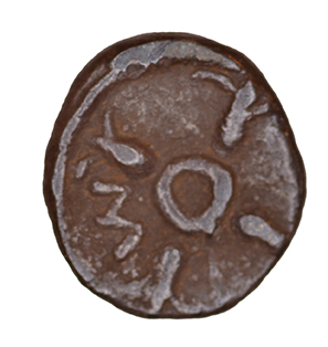 Οπισθότυπος 'SilCoinCy A1083, acc.no.: KP 1285.35. Silver coin of king Evagoras I ? of Salamis 391 - 386 BC. Weight: 0.39 g, Axis: -, Diameter: 8mm. Obverse type: Heracles head r. bearded with lion skin headdress. Obverse symbol: -. Obverse legend: - in -. Reverse type: Wheel of four spokes. Reverse symbol: -. Reverse legend: Σ or M in Greek. '-', 'Catalogue des monnaies grecques de la Bibliothèque Nationale: les Perses Achéménides, les satrapes et les dynastes tributaires de leur empire: Cypre et la Phénicie'.