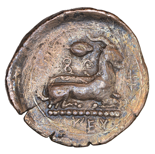 Reverse 'SilCoinCy A1085, acc.no.: KP 1526.6. Silver coin of king Evagoras I of Salamis 411 - 374 BC. Weight: 9.43 g, Axis: 3h, Diameter: 26mm. Obverse type: Heracles head r. bearded with lion skin headdress. Obverse symbol: -. Obverse legend: (e-u)-wa-ko-ro in Cypriot syllabic. Reverse type: Ram lying r. on exergual line ; grain of corn above. Reverse symbol: -. Reverse legend: pa-si-le-wo-se Ε Υ / wa in Cypriot syllabic + Greek. '-', 'The Weber Collection'.