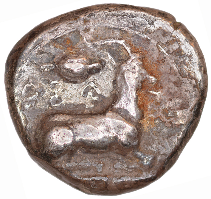 Reverse 'SilCoinCy A1086, acc.no.: KP 1046.108. Silver coin of king Evagoras I of Salamis 411 - 374 BC. Weight: 0.66 g, Axis: 7h, Diameter: 22mm. Obverse type: Heracles head r. bearded with lion skin headdress. Obverse symbol: -. Obverse legend: (e-u)-wa-ko-ro in -. Reverse type: Ram lying r. on exergual line. Reverse symbol: -. Reverse legend: (pa)-si-le-wo-(se) in -. '-', 'Catalogue des monnaies grecques de la Bibliothèque Nationale: les Perses Achéménides, les satrapes et les dynastes tributaires de leur empire: Cypre et la Phénicie'.