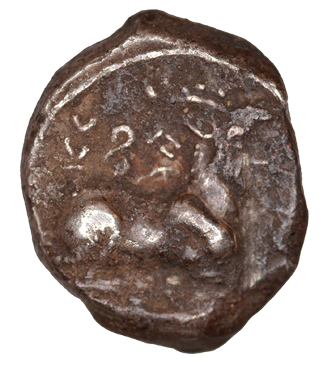 Reverse 'SilCoinCy A1087, acc.no.: KP 859.6. Silver coin of king Evagoras I of Salamis 411 - 374 BC. Weight: 3.30 g, Axis: 4h, Diameter: 16mm. Obverse type: Herakles seated r. on rock holding club and corn of abondance. Obverse symbol: -. Obverse legend: (e-u-wa-ko-ro) in Cypriot syllabic. Reverse type: Ram lying r. on exergual line. Reverse symbol: -. Reverse legend: pa-si-le-wo / ? in Cypriot syllabic. '-'.