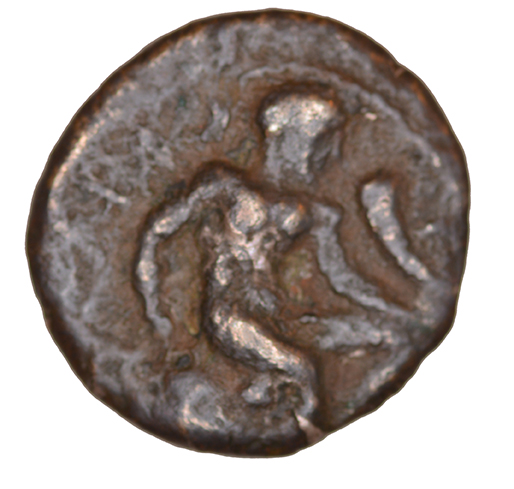 Obverse 'SilCoinCy A1088, acc.no.: KP 964.45. Silver coin of king  of  . Weight: 2.06 g, Axis: 1h, Diameter: 14mm. Obverse type: Herakles seated r. on rock holding club and corn of abondance. Obverse symbol: -. Obverse legend: (e-u)-wa-ko-ro in Cypriot syllabic. Reverse type: Ram lying r. on exergual line. Reverse symbol: -. Reverse legend: pa-si-le-wo-se / Δ in Cypriot syllabic + Greek. '-'.