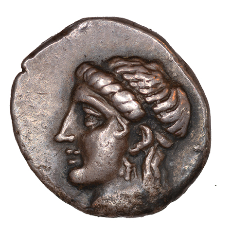 Εμπροσθότυπος 'SilCoinCy A1099, acc.no.: KP 12.37. Silver coin of king Pnytagoras of Salamis 351 - 332 BC. Weight: 2.17 g, Axis: 12h, Diameter: 14mm. Obverse type: Aphrodite head l. with diadem and long hair. Obverse symbol: -. Obverse legend: Π (Ν) in -. Reverse type: Artemis head r. . Reverse symbol: -. Reverse legend: BA in Greek. '-', 'Du classement des séries chypriotes'.