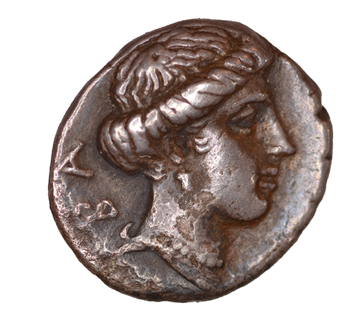 Reverse 'SilCoinCy A1099, acc.no.: KP 12.37. Silver coin of king Pnytagoras of Salamis 351 - 332 BC. Weight: 2.17 g, Axis: 12h, Diameter: 14mm. Obverse type: Aphrodite head l. with diadem and long hair. Obverse symbol: -. Obverse legend: Π (Ν) in -. Reverse type: Artemis head r. . Reverse symbol: -. Reverse legend: BA in Greek. '-', 'Du classement des séries chypriotes'.