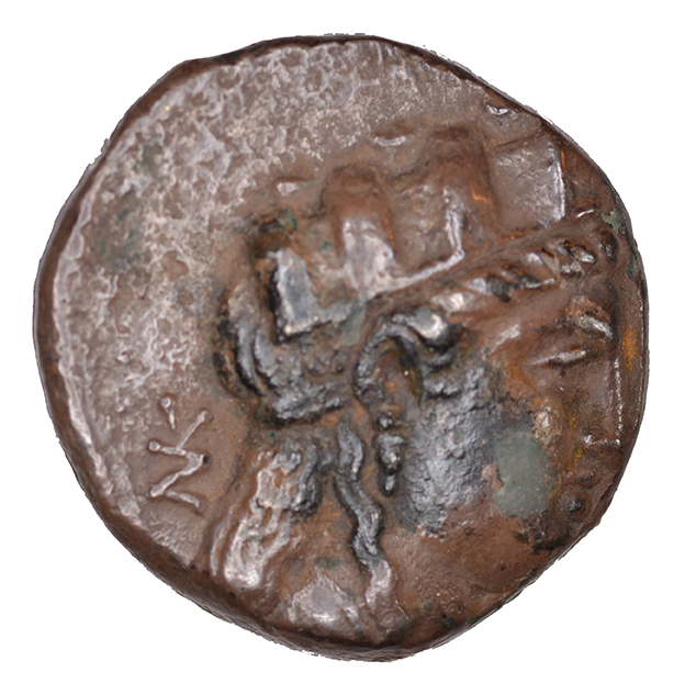 Obverse 'SilCoinCy A1100, acc.no.: KP 929.42. Silver coin of king  of  . Weight: 6.14 g, Axis: 12h, Diameter: 18mm. Obverse type: Aphrodite head r. with turreted crown. Obverse symbol: -. Obverse legend: NK in Greek. Reverse type: Apollo head l. with laurel wreath. Reverse symbol: -. Reverse legend: BA in Greek. '-'.