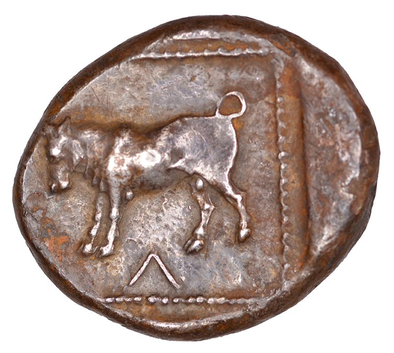 Οπισθότυπος 'SilCoinCy A1103, acc.no.: KP 833.46. Silver coin of king Uncertain king of Cyprus (archaic period) of Kourion ?  - . Weight: 0.60 g, Axis: 4h, Diameter: 24mm. Obverse type: Lion crouching r.. Obverse symbol: -. Obverse legend: ko in Cypriot syllabic. Reverse type: Bull standing l.. Reverse symbol: -. Reverse legend: ko in Cypriot syllabic. '-', 'Catalogue des monnaies grecques de la Bibliothèque Nationale: les Perses Achéménides, les satrapes et les dynastes tributaires de leur empire: Cypre et la Phénicie', 'BMC Cyprus, A Catalogue of the Greek Coins in the British Museum, Cyprus'.