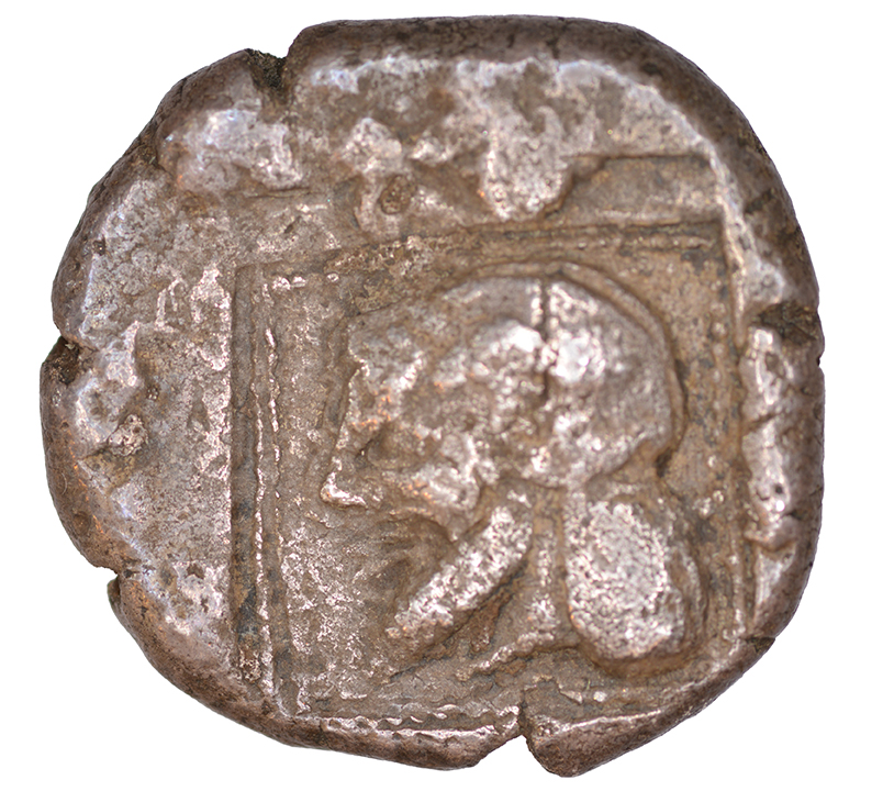Οπισθότυπος 'SilCoinCy A1104, acc.no.: KP 1426.10. Silver coin of king Uncertain king of Cyprus (archaic period) of Uncertain Cypriot mint  - . Weight: 0.07 g, Axis: 2h, Diameter: 24mm. Obverse type: Hermes wearing chlamys, standing l. with r. arm extended and in l. hand caduceus. Obverse symbol: -. Obverse legend: pa-sa-la ? in Cypriot syllabic. Reverse type: Ammon Zeus bearded head l.. Reverse symbol: -. Reverse legend: - in -. '-', 'Catalogue des monnaies grecques de la Bibliothèque Nationale: les Perses Achéménides, les satrapes et les dynastes tributaires de leur empire: Cypre et la Phénicie'.