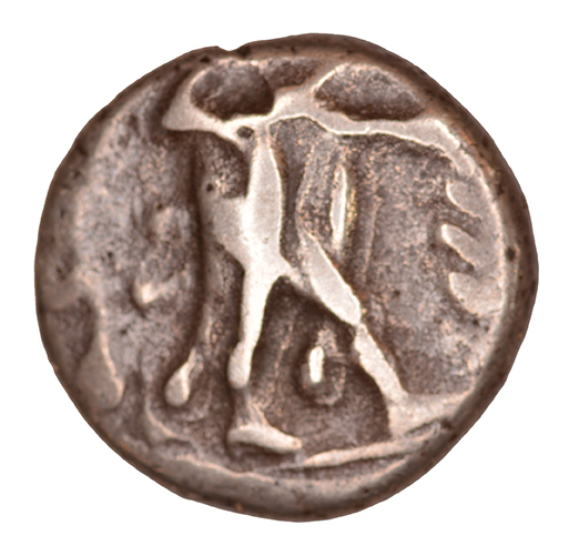 Obverse 'SilCoinCy A1108, acc.no.: KP 2216.1. Silver coin of king Uncertain king of Cyprus ? of Uncertain Cypriot mint ?  - . Weight: 3.22 g, Axis: 11h, Diameter: 14mm. Obverse type: Heracles advancing r. holding club and bow. Obverse symbol: -. Obverse legend: - in -. Reverse type: Bull standing l. ; laurel branch above. Reverse symbol: -. Reverse legend: - in -. 'SNG Copenhague, supplement, Acquisitions 1942-1996', 'BMC Cyprus, A Catalogue of the Greek Coins in the British Museum, Cyprus', 'Du classement des séries chypriotes'.