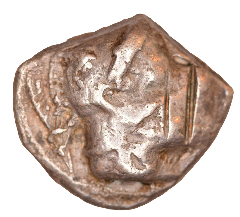 Obverse 'SilCoinCy A1109, acc.no.: KP 2418.2. Silver coin of king Uncertain king of Lapethos of Lapethos 500 - 470 BC. Weight: 9.04 g, Axis: 3h, Diameter: 23mm. Obverse type: Athena head r. with attic helmet. Obverse symbol: -. Obverse legend: - in -. Reverse type: Heracles head r. bearded with lion skin headdress. Reverse symbol: -. Reverse legend: - in -. 'SNG Copenhague, supplement, Acquisitions 1942-1996', 'BMC Cyprus, A Catalogue of the Greek Coins in the British Museum, Cyprus', 'Archaic Greek Coinage. The Asyut Hoard', 'Traité des monnaies grecques et romaines'.