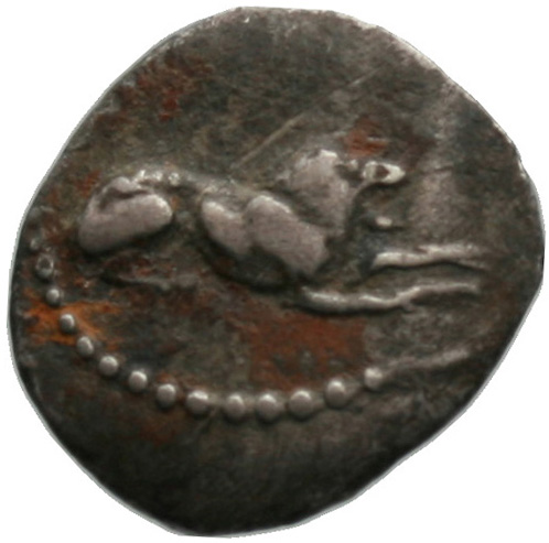 Obverse 'SilCoinCy A1800, acc.no.: . Silver coin of king Uncertain king of Amathous of Amathous 460 - 350 BC. Weight: 1.65g, Axis: 9h, Diameter: 14mm. Obverse type: Lion lying r.. Obverse symbol: -. Obverse legend: - in -. Reverse type: Lion forepart r.. Reverse symbol: -. Reverse legend: - in -.