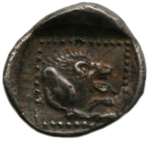 Reverse 'SilCoinCy A1800, acc.no.: . Silver coin of king Uncertain king of Amathous of Amathous 460 - 350 BC. Weight: 1.65g, Axis: 9h, Diameter: 14mm. Obverse type: Lion lying r.. Obverse symbol: -. Obverse legend: - in -. Reverse type: Lion forepart r.. Reverse symbol: -. Reverse legend: - in -.