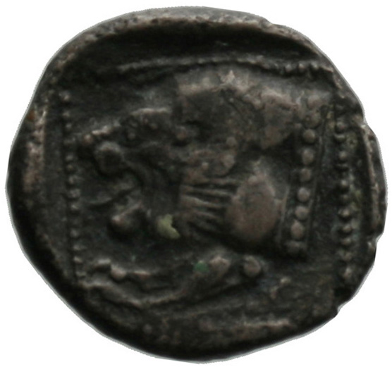 Reverse 'SilCoinCy A1801, acc.no.: 1870. Silver coin of king Uncertain king of Amathous of Amathous 460 - 350 BC. Weight: 3.1g, Axis: 5h, Diameter: 16mm. Obverse type: Lion lying l.. Obverse symbol: -. Obverse legend: - in -. Reverse type: Lion forepart l.. Reverse symbol: -. Reverse legend: - in -.